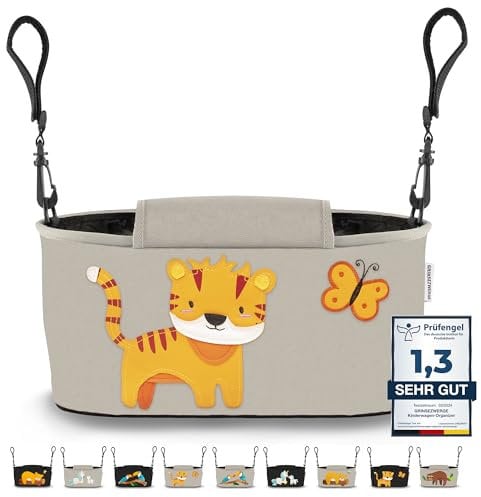 GRINSEZWERGE Kinderwagen Organizer 12 Motive mit Feuchttuchspender I Kinderwagen Tasche verschließbar I Kinder Buggy Organizer I Kinderwagentasche Aufbewahrungstasche Baby Stroller Bag grau Tiger
