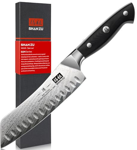 SHAN ZU Damastmesser Santokumesser, Profi Kochmesser 18cm Damaskus Küchenmesser Damast 67 Schichten Damaststahl AUS-10 Scharfe Messerklinge, Ergonomischer G10 Griff mit Geschenkbox