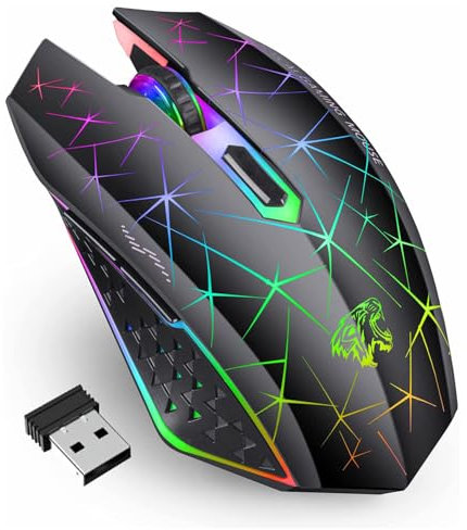 Uiosmuph V7 Senza Fili Mouse, Mouse da Gaming Gaming Wireless Ricaricabile, Clic Silenzioso, 3 DPI Regolabili, con 7 Pulsanti con 7 Colors LED Adatto per Laptop/PC/Notebook - Nero