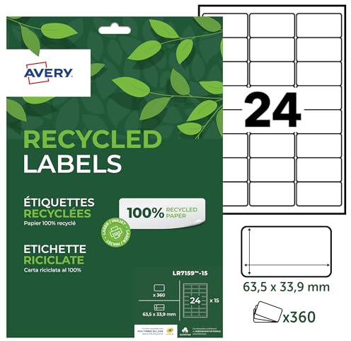 AVERY - 360 Étiquettes Autocollantes Blanches Personnalisables - 100% Recyclées - Format 63,5 x 33,9 mm - Impression Laser et Jet d'Encre
