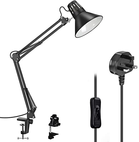 Milpoel Desk Lamp, Metal Swing Arm Table Lamp, Clip on Light, E27 Lamp Holder, Classical Swing Arm Architect Lamp, Adjustable Desk Light for Office, Reading, Bedroom, Crafts, Black Finish