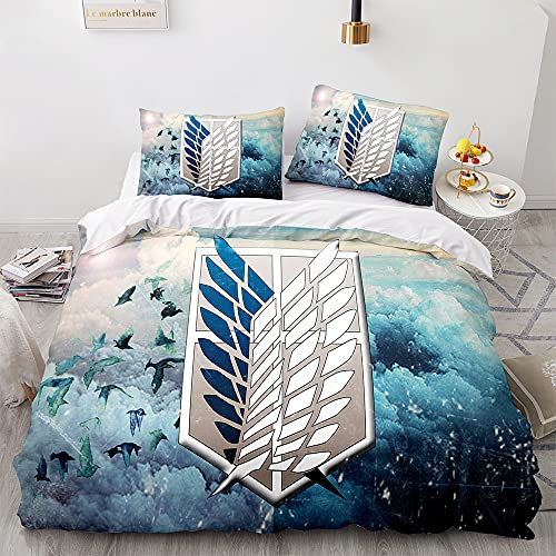PTNQAZ Bettwäscheset mit Anime-Motiv Attack on Titan für Jungen, 3D-Druck, Bettbezug mit Kissenbezügen, Kinder-Bettwäsche (Einzelbett, 2)
