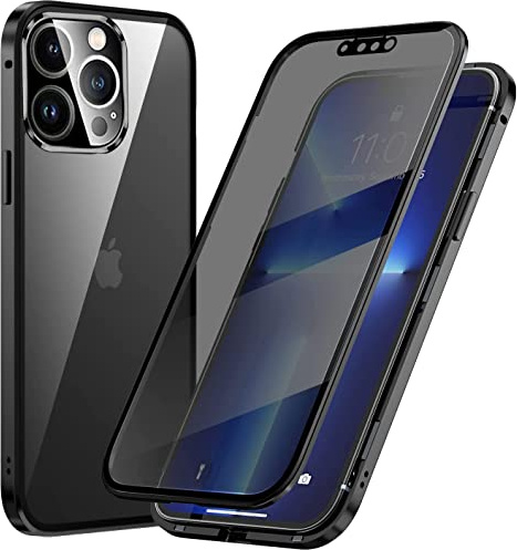Hkess Anti-Peep Magnetic Adsorption Case for iPhone 13 Pro Max Anti Spy Anti-Spy Metal Bumper Frame Case Double Sided Privacy Tempered Glass Protection Flip Anti-Glare Cover, Black