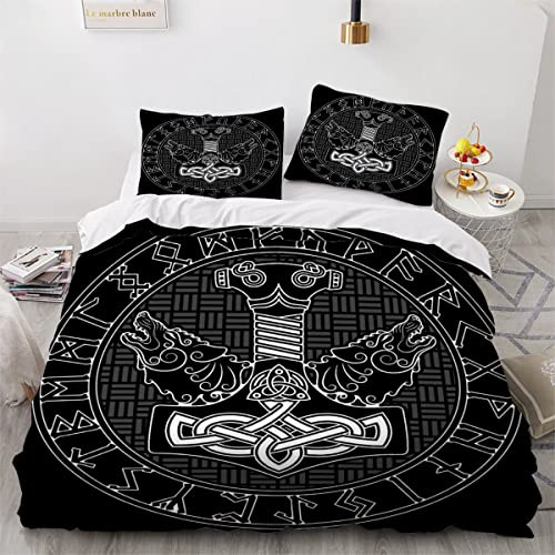 AOYNP Bettwäsche 155x220 Vikings Bettbezug Set 3 teilig Weich Microfaser Bettwäsche-Set Thors Hammer der Wikinger Kinderbettwäsche Bettwaren Mit ReißVerschluss Bettbezug Mit 2 Kissenbezug 80x80cm