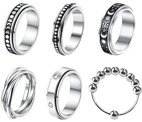 JewelryWe Schmuck 6pcs Fidget Angst Ringe Set für Herren Frauen Edelstahl Spinner Ring mit Perlen Mond Stern Anti-Angst Drehringe Stressabbauende Bandringe Hochzeit Band Gravur Schwarz Silber Größe 57