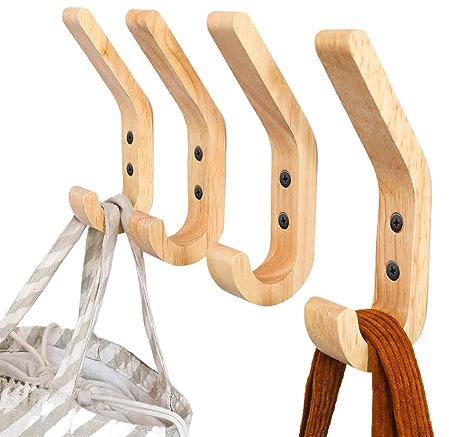 WJUAN Garderobenhaken Eiche Massivholz 4er Set | Wandhaken Holz mit 10kg Tragkraft | Handpoliert & Schimmelresistent für Bad, Küche, Schlafzimmer
