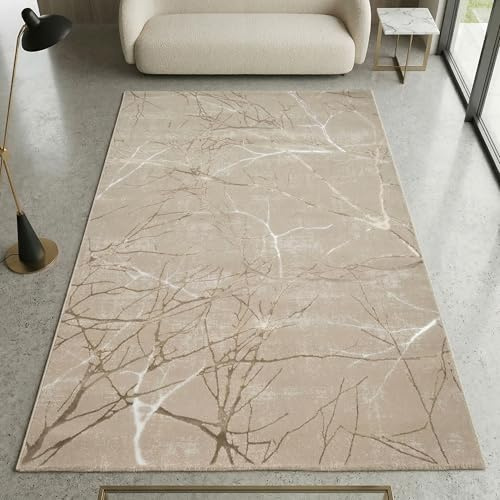 CARPETIA Teppich Zweigdesign Beige Braun mit Glanzeffekt 140x200 cm | Weich, pflegeleicht, langlebig und allergikerfreundlich, mit Glanzeffekt, OEKO-TEX geprüft, für Wohn- & Schlafzimmer
