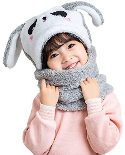 Rayson 2 in 1 Cagoule Enfant Bonnet avec Echarpe Chapeau Chaud d'hiver Joli Lapin Chapka en Cache Cou pour Fille et Garcon Activités de Plein Air（Gris）
