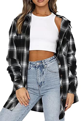 CHYRII Womens Button Down Flannel Shirts Long Sleeve Plaid Shacket Business Casual Tops Black M