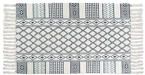 Quantum Interior by Maxland Teppich mit Quasten ca. 60 x 110cm, Vintage Teppich mit Fransen Boho-Stil geometrisch Bedruckte Teppiche Läufer- für Flur Badezimmer Wohnzimmer Schlafzimmer ((Muster Mint)