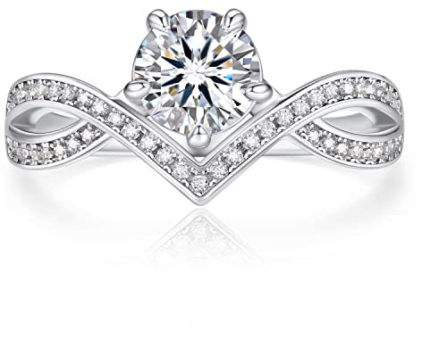 MomentWish Moissainte Verlobungsring Damen, Liebes Geschenk für sie, 1 Karat Engagement Ring Silber 931 Kronenform Hochzeit Jahrestag Geschenk Frauen-Größe55