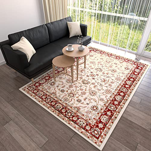 Mazovia Teppich Flur 100x200cm Creme Rot Klassisch Traditionell Weich Weiß | Teppich für Eingangsbereich Küche Büro Wohnzimmer Schlafzimmer Beige Pflegeleicht Tierfreundlich Allergikerfreundlich Elegant