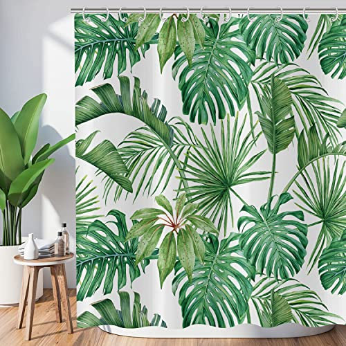 Hnmdmyi Tenda da doccia foglie tropicali 180x180, verde foglie di palma tende da doccia giungla pianta botanica tenda da bagno impermeabile poliestere tessuto lavabile tenda da bagno con ganci