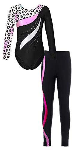 iEFiEL Mädchen Turnanzug Glitzer Gymnastik Leotard Langarm Akrobatik Anzug Tanzkostüme Turnbody mit Lang Sporthosen Jumpsuit Zb Leopard + Hot Rosa 134-140