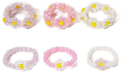 Ichlovdu 6 Stück Blumen Perlen Ring Bunte Gänseblümchen Boho Strand Ringe für Damen Mädchen Rosa Lila gelb weiß