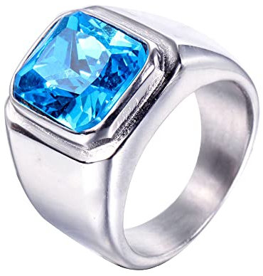 HIJONES Herren Stein Ring Edelstahl Große Quadratische Zirkonia Vintage Statement Ringe Silber Himmelblau Größe 60