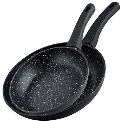 FACKELMANN Marble Frying Pans Set, 20 cm & 24 cm, Non-Stick Pans Made of 90% Recycled Aluminium with Ergonomic Plastic Handle, Induction Pan for Cooking & Sewing