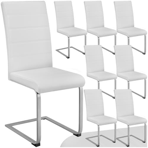 tectake® 8er Set Esszimmerstühle modern, ergonomischer Stuhl für Esszimmer, Besucherstuhl, Möbel für Küche, Esstisch, Küchenstühle, Freischwinger Essstühle, hohe Rückenlehne - weiß
