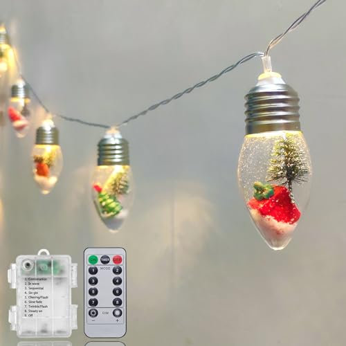 Snow Globe LED Christmas Tree Lights - 6.8Ft, 10 Edison Bulbs, Battery Operated with Remote Timer, Indoor/Outdoor for Bedroom, Porch, Garden, Party Decor