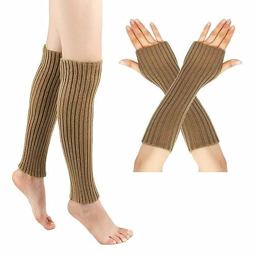 SHTGOI Beinstulpen und Pulswärmer Set Baumwolle Strick Beinwärmer Fingerlose Handschuhe Winter Arm Handwärmer Legwarmer Bein und Arm Stulpen für Yoga-Tanzen Turnhalle Ausübt Halten Warm Khaki