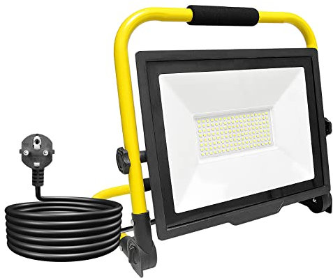 RIGIDON 100W Projecteur Chantier LED avec Prise, 10000LM Portable Lampe de chantier Spot LED Extérieur 6000K Blanc IP66 Etanche pour Garage Terrasse Jardin Atelier Construction