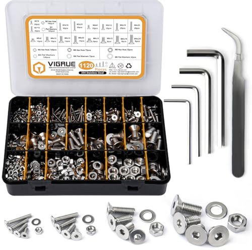 VIGRUE 1120PCS M3 M4 M6 M8 Senkkopfschrauben mit Innensechskant Hex flach-Knopf Schraube Set A2-70Edelstahl Senkkopf Schrauben Muttern und Unterlegscheiben Sortiment mit Schwarz Aufbewahrung Fall Box