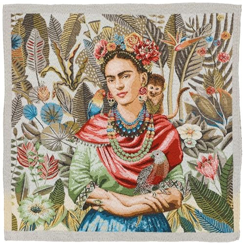 Quadratischer Jacquard-Stoff, Polycotton, Motiv Frida Kahlo Carm, weiß, Leinen