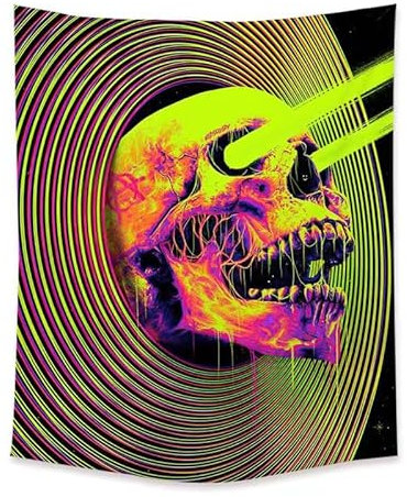 Ulticool – Skelett Schädel - Glow in the Dark Wandteppich - Schwarzlicht under UV Reaktive Bright Black Neon Light - Blacklight Psychedelisch im Dunkeln Leuchtende Wandtuch - 200 x 150 cm Groß