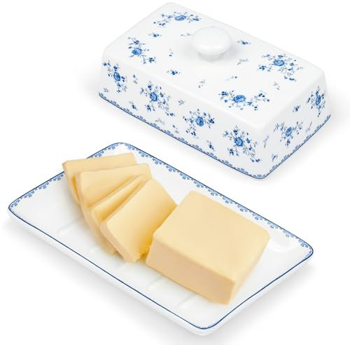 fanquare Bleu Fleur Céramique Beurrier avec Couvercle et Poignée pour 250 g de Beurre, Grand Beurrier Porcelaine, Cloche à Beurre de Haute Qualité