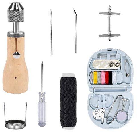 MININUSI 8 Pcs I Kit para Coser Cuero a Mano Herramientas para Coser Cuero Costura de Cuero a Mano con Agujas de Coser Cuero a Mano 30m Hilo Encerado Negro Punzón Costura para Reparación de Cuero