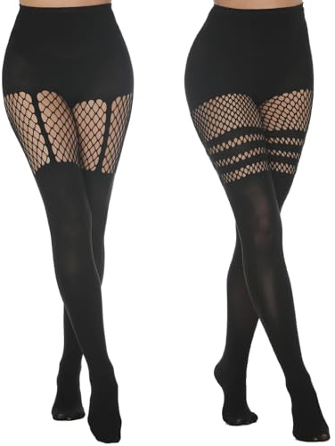 FEXPDL Suspender Tights for Women, 2 Pairs Mock Suspender Stockings, Opaque Fishnet Black Tights