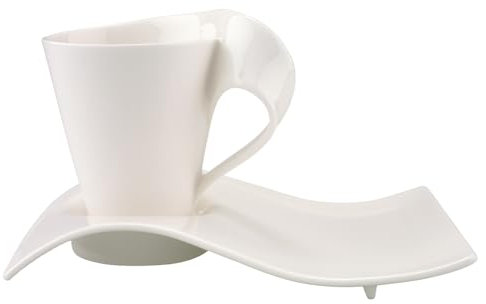 Villeroy & Boch NewWave Caffè Kaffeebecher mit Unterteller, 300 ml, Kaffee-Set mit modernem Wellen-Design, Premium Porzellan, Spülmaschinenfest & Mikrowellensicher, Weiß