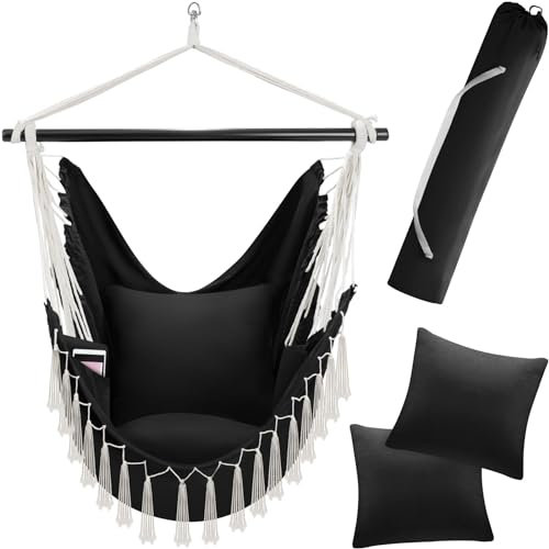 tectake® Hängesessel Outdoor wetterfest oder Indoor mit Tabletfach und Getränkehalterung, Makramee Schaukel für Balkon, Hängestuhl Garten, Hängeschaukel belastbar bis 150 kg - schwarz