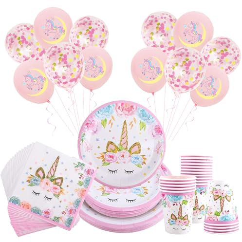 Unicorn Party Plates Cups And Napkins Pink Birthday Party Decorations For Girls, Disposable Tableware Paper Plates And Napkins Cups Sets Kids' Unicorn Balloons Pink Birthday Paper Plates
