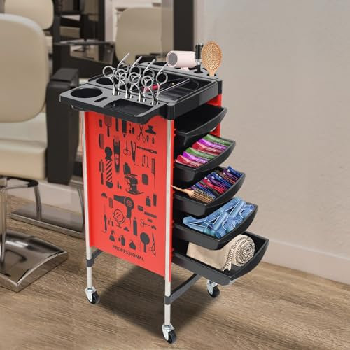 Friseurwagen Arbeitswagen Friseurassistant Rollwagen Arbeitswagen mit 5 Schubladen Salon Trolley, Friseurwagen Rollwagen Arbeitswagen Kosmetikwagen für Beauty Salon (rot)