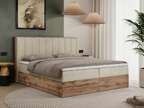 MKS MEBLE Boxspringbett 180x200 Mit Bettkasten Eiche, Polsterbett Mit Matratze H3, Bett Mit Kopfteil und Holzrahmen in Wotan Eiche - Beige Velvet - Bellissimo