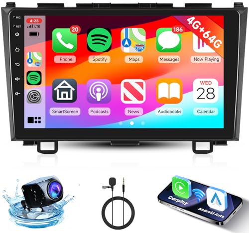 4G+64G Hodozzy Radio de Coche para Honda CRV 2007-2011 con Carplay Inalámbrico Android Auto Mirror Link,Pantalla Táctil de 9 Pulgadas con Navegación GPS,Bluetooth, WiFi, 32EQ/DSP,Radio FM/RDS,Cámara