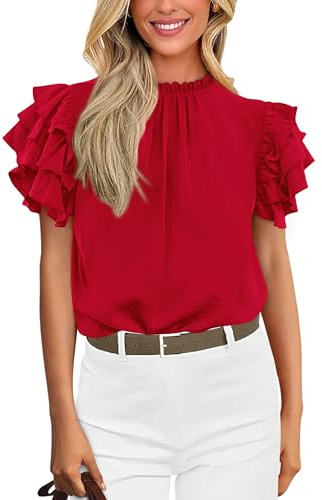 KIRUNDO Blouses for Women Dressy Casual Ruffle Shirts Tops,Red,L