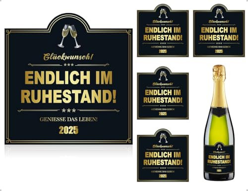 AOYEGIC 4 Stück Endlich im Ruhestand Flaschenetikett,selbstklebend Weinflaschen Aufkleber,Renteneintritt Etikett,für Männer & Frauen Rentner Abschied Kollegin Pensionierung Party(10.4 * 10 cm)