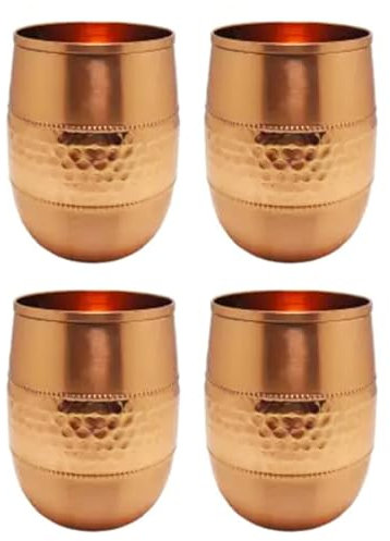 IMTRA FASHION Kupfer Wassergläser Set 4 Teilig Trinkbecher Weinglas Ohne Stiel Gehämmertes Design Kupferbecher Diwali Geschenk