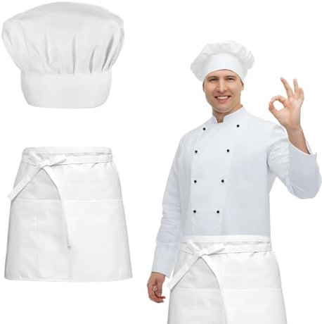 BDHYYM Delantal y Gorro Cocinero Adulto, Delantal Blanco Adulto, Delantal y Gorro De Cocinero, Ajustable con Bolsillos, Elástico Gorro, Disfraz Chef para Panaderos, Cocinas, Hogares, Hoteles