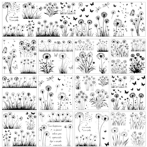 AHANDMAKER 12 Sheets Rub On Transfer Stickers, Minimalism Themed Stickers Black and White Flower Sticker with Dandelions, Butterflies, Flowers for Crafts Botter Porcelain Decor, 5.5 x 5.5 Inches‌