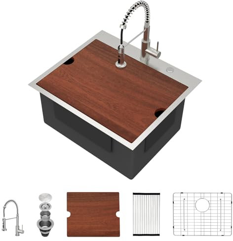 Lofeyo LOF0012S Spülbecken für Waschküche, 63,5 cm tief, Küchenspüle mit Arbeitsplatz-Wasserhahn, Kombi, 304 Edelstahl, Einzelbecken