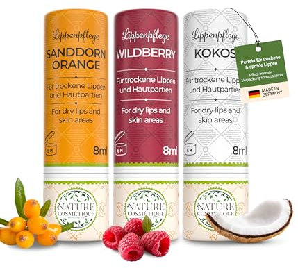 Nature Cosmétique® Lippenpflege 3er Mix – Für trockene und rissige Lippen – Mit Bienenwachs, Jojobaöl & Vitamin C – Nachhaltige Papierhülse – Made in DE