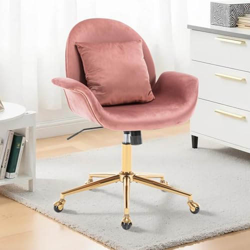 Soxiar Chaise de bureau pivotante en velours rose avec base en étoile dorée, chaise de bureau pivotante en forme de pingouin avec oreiller, hauteur réglable, roues roulantes pour chambre à coucher et