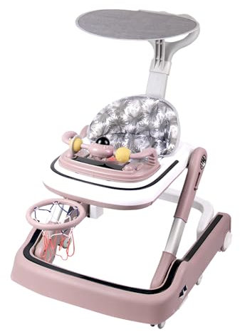 Trotteur Bébé Garçon Fille Evolutif, Trotteur Marche Bebe Pliable Hauteur/vitesse réglable, poignée de poussée confortable, lumières, musique, parasol, panier de basket- Rose