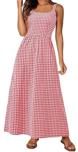 Women's Spaghetti Strap Retro Square Neck Plaid Pleated Extra Long Dress Sleeveless A-Line Boho Checkered Dress