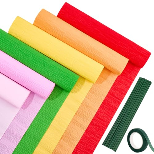 CRASPIRE 58Pcs Crepe Paper Streamers Rolls Colourful Paper Flower DIY Kits 6 Rolls Crepe Paper Sheets 36M Green Tape 50Pcs Floral Iron Wire for Wedding Birthday Holiday Party Decor(9.84inx8.2ft/Roll)