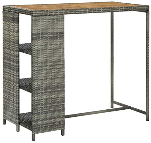 QUAHEAS Bartisch mit Regal Grau 120x60x110 cm, Poly Rattan Esstisch für Küche & Garten, robuster Hochtisch mit Stauraum für Zuhause, Balkon & Theke