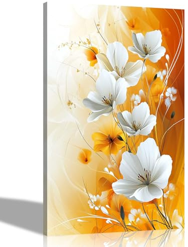 Artley Prints - Orange and White Abstract Flowers Canvas Prints Modern Home Conservatory Wall Art Ready to Hang Pictures 51 x 35cm (20 x 14 inches)